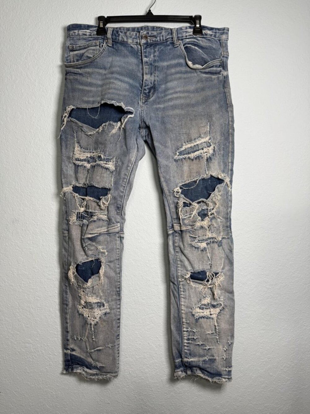 Smoke Rise Heavy Rip Repair Jeans Mens 38x32 Blue Distressed Skinny Moto Grunge